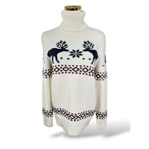 HM LOGG Womens XS Nordic Fair Isle Moose Turtleneck Sweater Cream Navy Red
